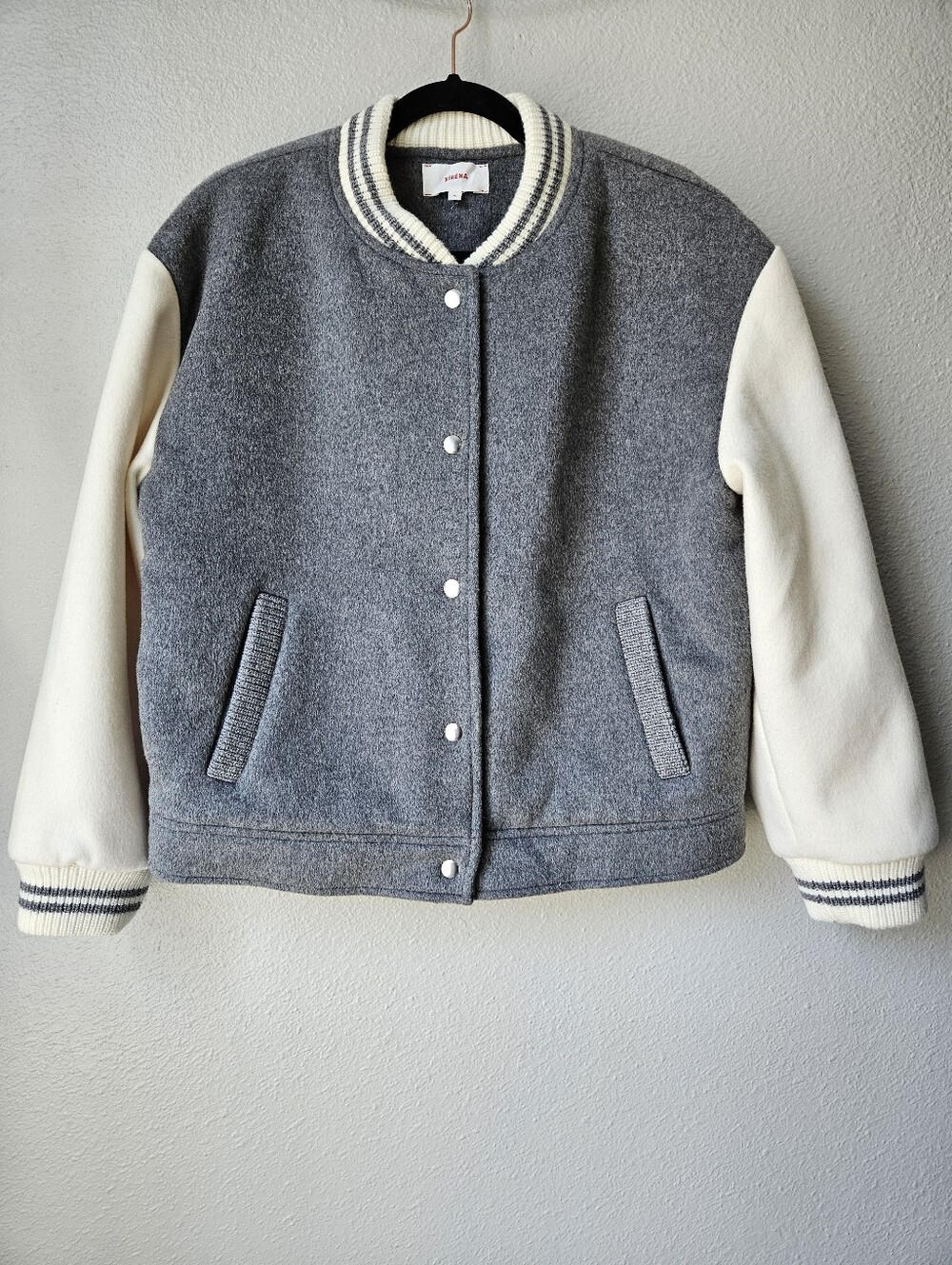 Xirena Wool Blend Varsity Bomber Jacket Grey Ivory Size Medium